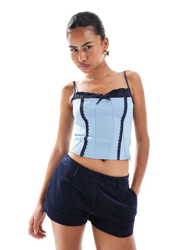 Motel Exclusive Alexa bow detail corset cami top in blue and navy  Motel