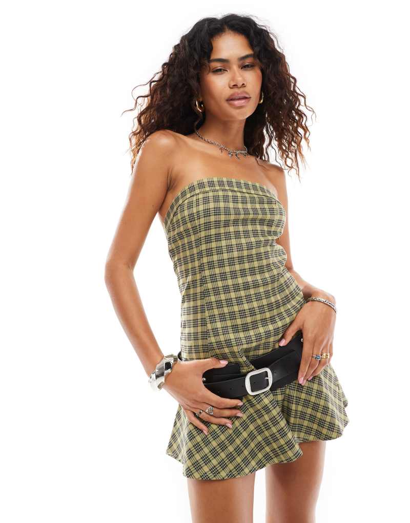 Motel hadia drop waist mini dress in yellow plaid Motel