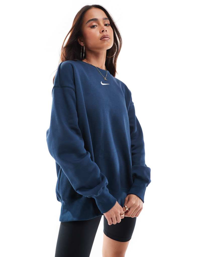 Худи Nike Phoenix Fleece Oversized с длинными рукавами и круглым вырезом, темно-синее Nike