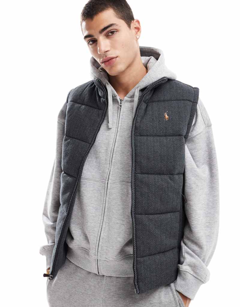 Polo Ralph Lauren icon logo quilt herringbone printed jersey vest in charcoal heather Polo Ralph Lauren