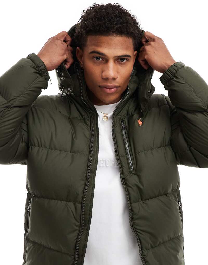 Polo Ralph Lauren icon logo hooded down puffer jacket in olive green Polo Ralph Lauren