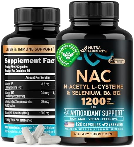 NAC Supplement | Selenium | B6 | B12 - Antioxidant, Immune Support - N Acetyl Cysteine 600 mg per Capsule, 1200 mg per Serving (Порция) - Made in USA - Non-GMO, Gluten-Free, Vegan - 2 Month Supply NUTRAHARMONY