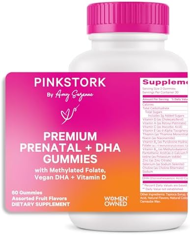 Pink Stork Premium Prenatal Gummy Vitamins with DHA, Folate, and Vitamin D - Multivitamin and Nutrient Blend for Neural Tube and Fetal Brain Development - Pregnancy Must Haves - 60 Vegan Gummies Pink Stork