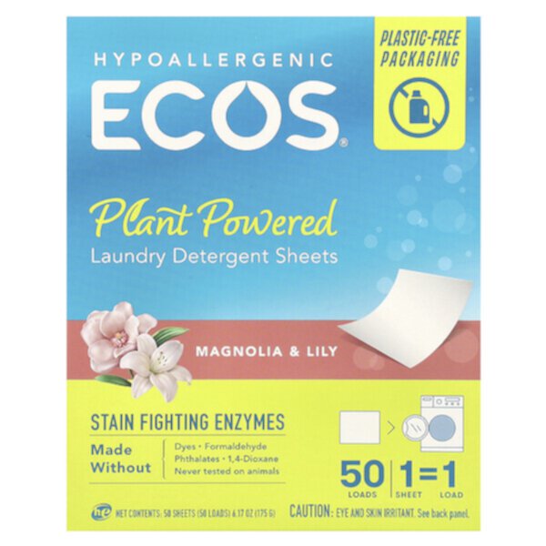 ECOS®, Plant Powered Laundry Detergent Sheets, Magnolia & Lily, 50 Sheets Earth Friendly Products