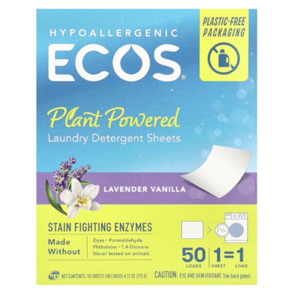 ECOS®, Plant Powered Laundry Detergent Sheets, Lavender Vanilla, 50 Sheets Earth Friendly Products