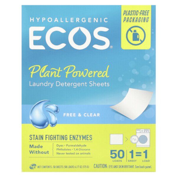 ECOS®, Plant Powered Laundry Detergent Sheets, Free & Clear, 50 Sheets Earth Friendly Products