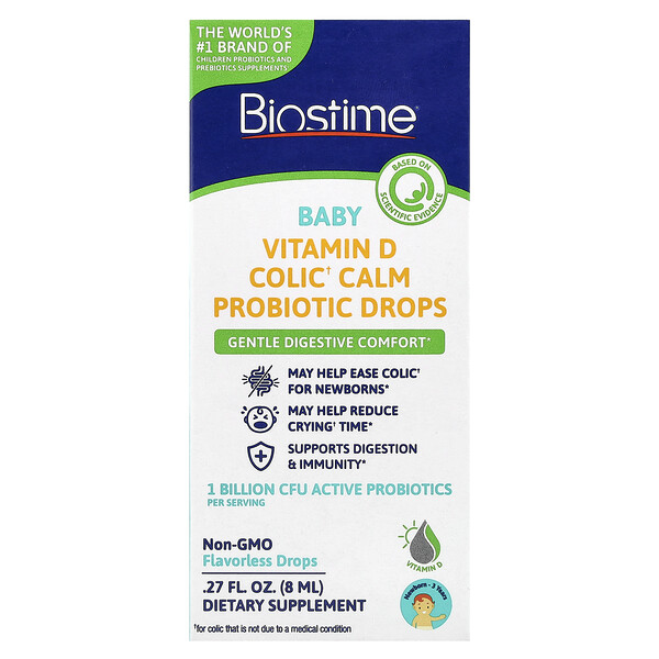 Baby, Vitamin D Colic Calm Probiotic Drops (Капли), Newborn-3 Years, Flavorless, 0.27 fl oz (Жидкие унции) (8 ml) Biostime