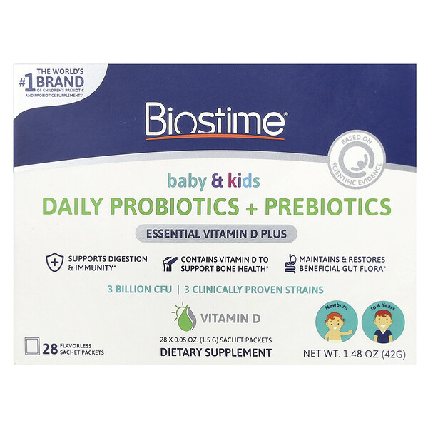 Baby & Kids, Daily Probiotics + Prebiotics, Newborn to 6 Years, Flavorless, 28 Sachet Packets (Пакеты ), 0.05 oz (Унции) (1.5 g) Each Biostime