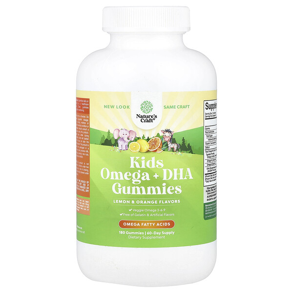 Kids Omega + DHA Gummies (Жевательные конфеты), Lemon & Orange, 180 Gummies Nature's Craft