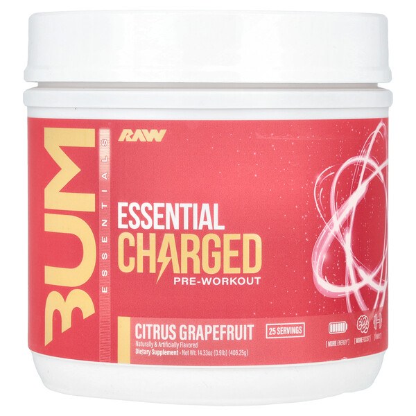 Bum, Essential Charged, Pre-Workout, Citrus Grapefruit, 14.33 oz (Унции) (406.25 g) Raw Nutrition