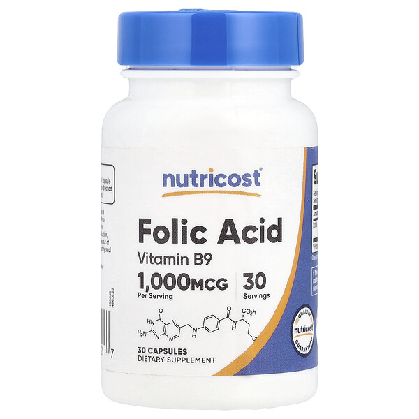 Folic Acid, 1,000 mcg, 30 Capsules (Капсулы) Nutricost