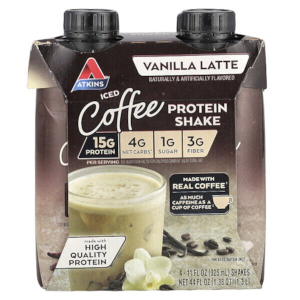 Iced Coffee Protein Shake, Vanilla Latte, 4 Shakes, 11 fl oz (Жидкие унции) (325 ml) Each Atkins