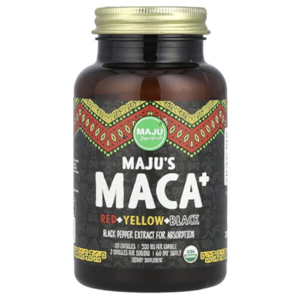 Maca+ 120 капсул, 500 мг, органическая добавка, красная, жёлтая и черная мака, без глютена Maju Superfoods