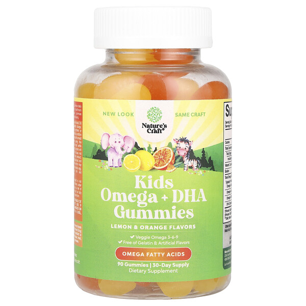 Kids Omega + DHA Gummies (Жевательные конфеты), Lemon & Orange, 90 Gummies Nature's Craft