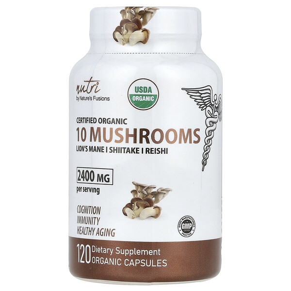 Nutri, Organic 10 Mushrooms, Lion's Mane, Shiitake, Reishi, 2,400 mg, 120 Organic Capsules (Капсулы) ( 600 mg per Capsule) Nature's Fusions