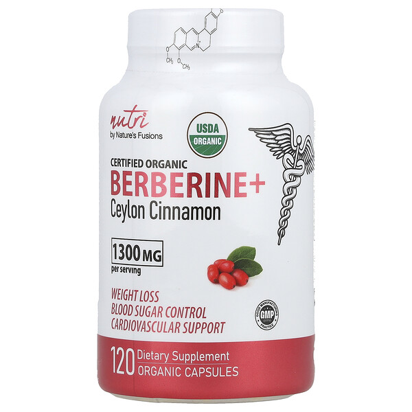 Nutri, Organic Berberine+ Ceylon Cinnamon, 1,300 mg, 120 Organic Capsules (Капсулы) (650 mg per Capsule) Nature's Fusions