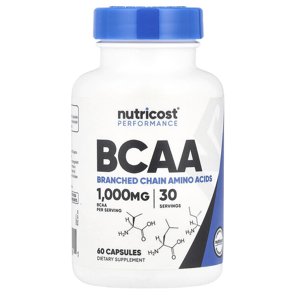 BCAA, 1,000 mg, 60 Capsules (Капсулы) (500 mg per Capsule) Nutricost