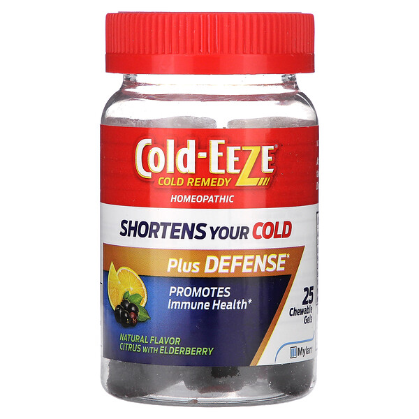 Cold Remedy, Homeopathic Plus Defense, Natural Citrus with Elderberry, 25 Chewable Gels Cold Eeze