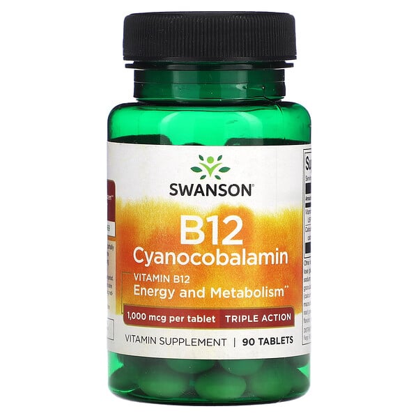 Vitamin B12 Cyanocobalamin, Triple Action, 1,000 mcg, 90 Tablets (Таблетки) Swanson