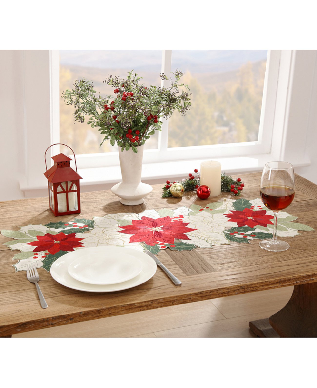 Poinsettia Cutwork Fabric Centerpiece Runner, 13"x 36" Elrene