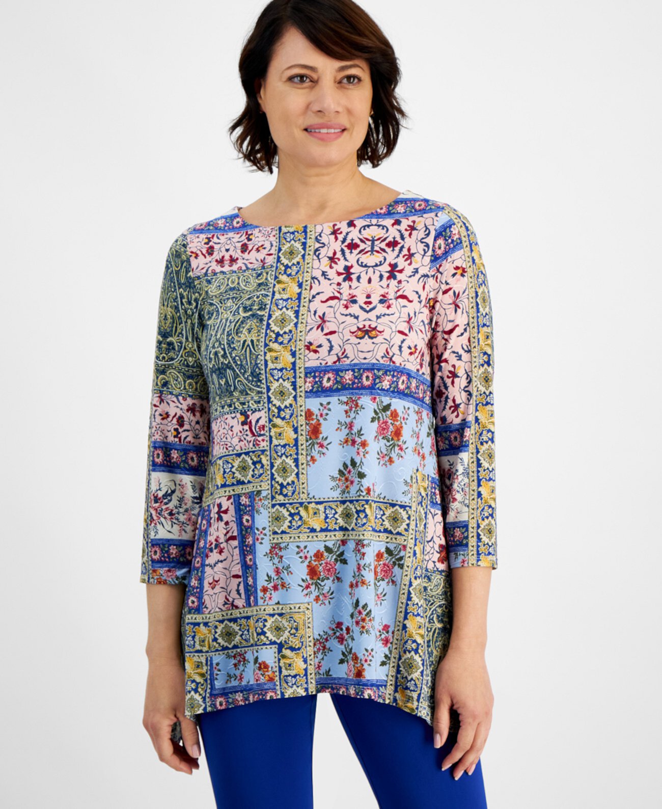 Petite Patchwork Thrift Swing Jacquard Top, Exclusively at Macy's J&M Collection