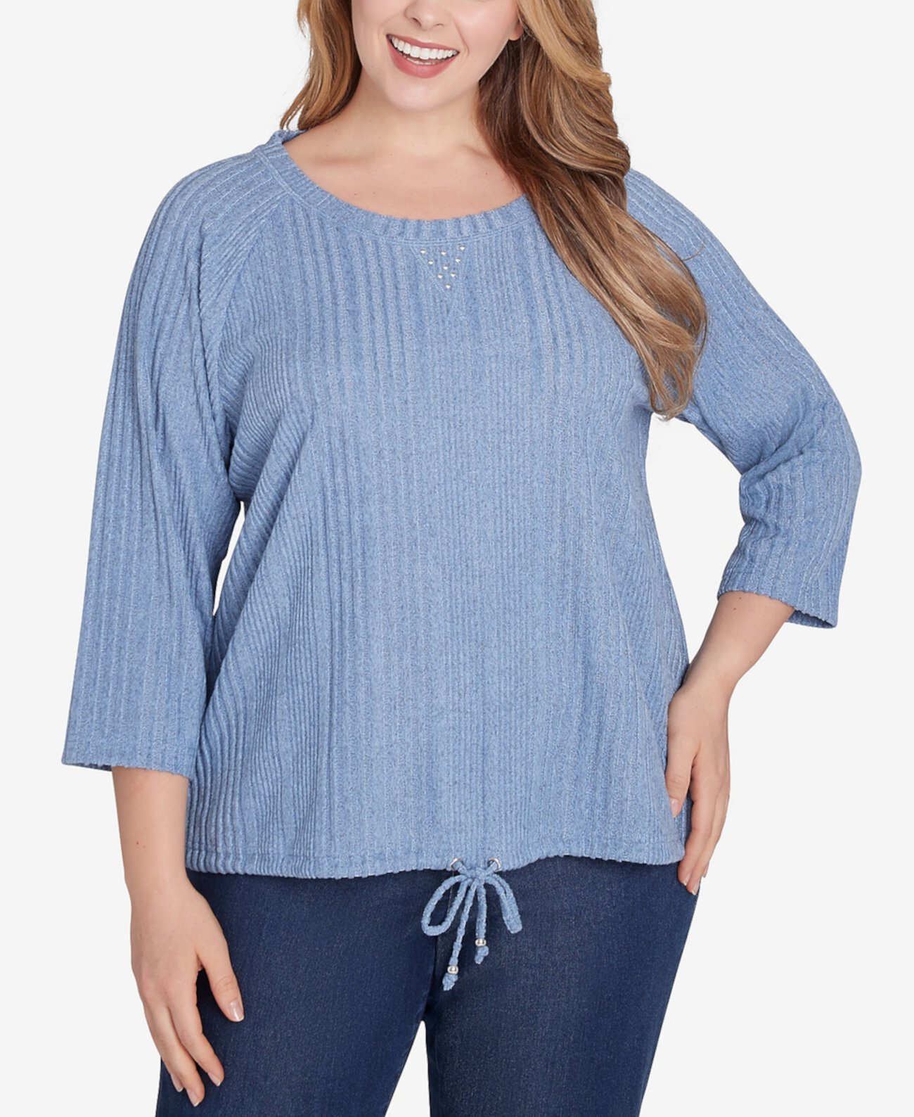 Женская Блузка HEARTS OF PALM Plus Size Lets Rendez-Blue Solid с 3/4 рукавами HEARTS OF PALM