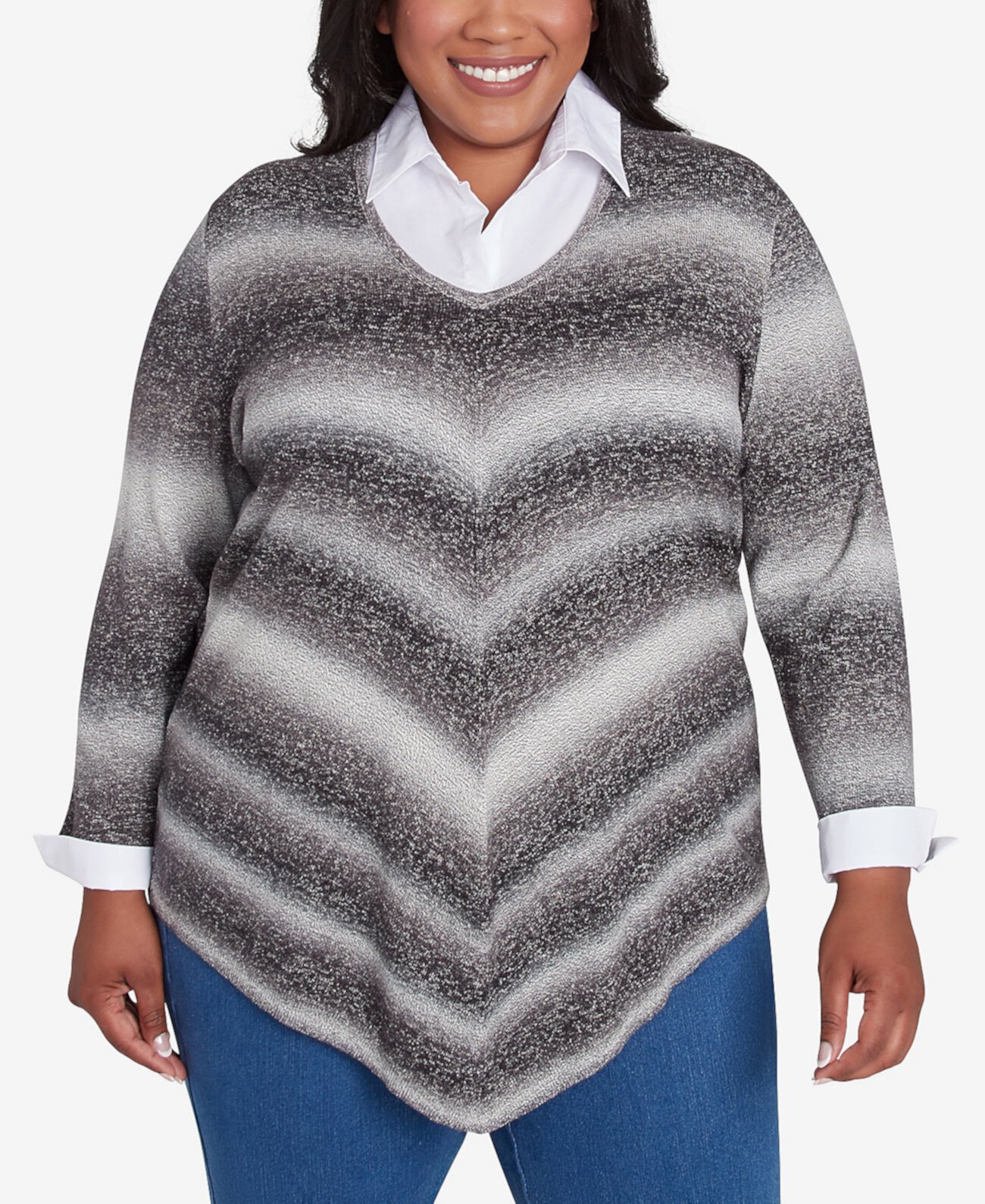 Женский Пуловер Alfred Dunner Plus Size Classic Chevron Ombre Chevron Two in One Alfred Dunner