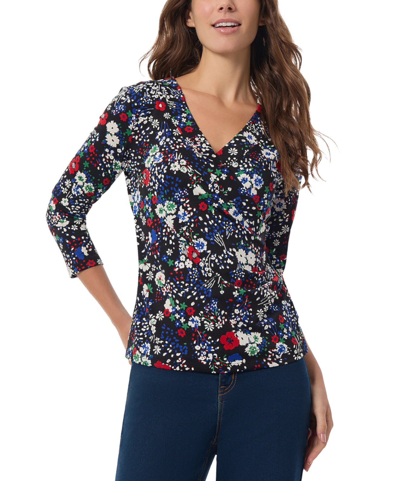 Женская Блузка Jones New York Petite Printed 3/4-Sleeve Faux-Wrap Top Jones New York