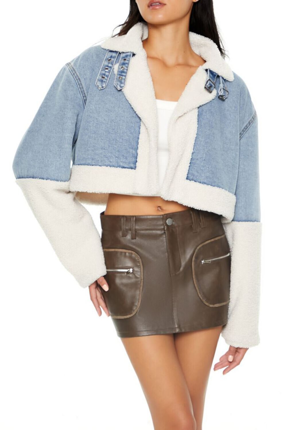 Женская Кожаная куртка и косуха FOREVER21 Faux Shearling Denim Moto Jacket FOREVER21