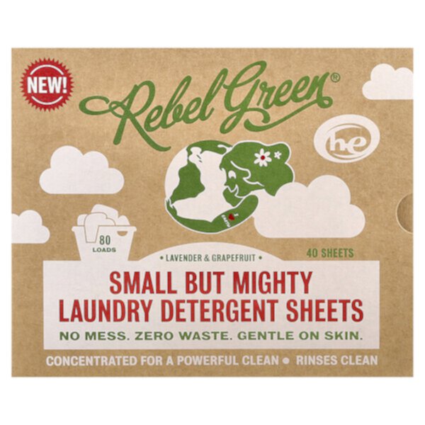 Small But Mighty Laundry Detergent Sheets, Lavender & Grapefruit, 40 Sheets Rebel Green