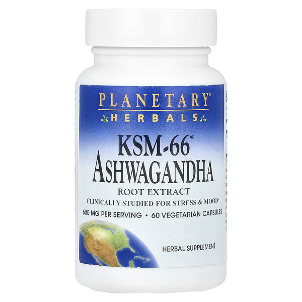 KSM-66® Ashwagandha Root Extract, 600 mg, 60 Vegetarian Capsules (Вегетарианские капсулы) (300 mg per Capsule) Planetary Herbals