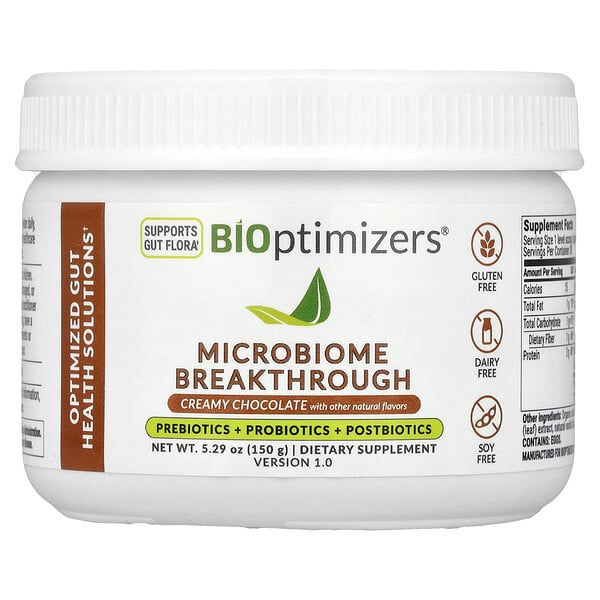 Microbiome Breakthrough, Prebiotics + Probiotics + Postbiotics, Creamy Chocolate, 5.29 oz (Унции) (150 g) BIOptimizers