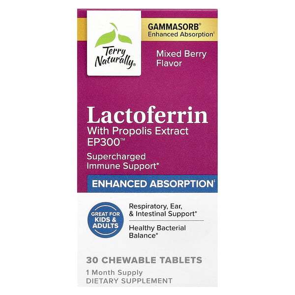 Lactoferrin With Propolis Extract, Mixed Berry, 30 Chewable Tablets (Жевательные таблетки) Terry Naturally