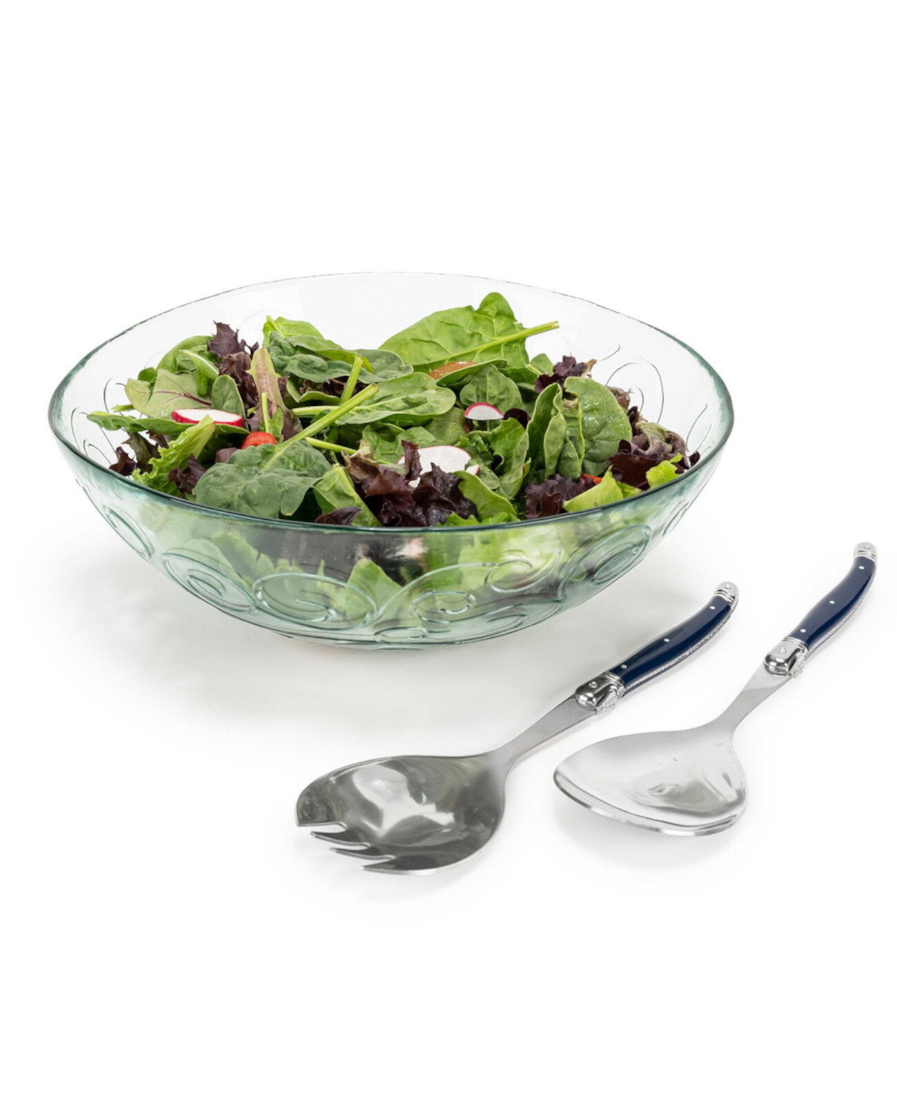 Laguiole Glass Celebration Salad Bowl with Serving Utensils French Home