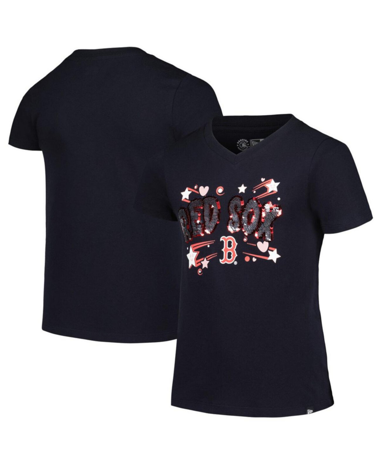 Big Girls Navy Boston Red Sox Sequin V-Neck T-Shirt New Era