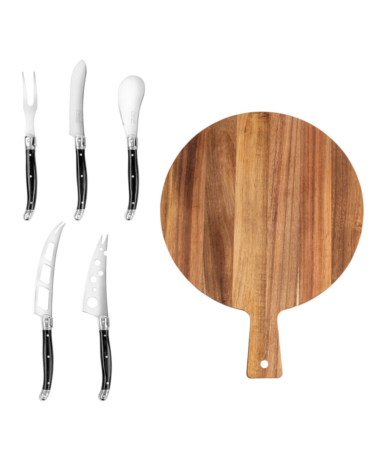 Laguiole 6-Piece Artisan Cheese Knife Set and Round Wood Board French Home