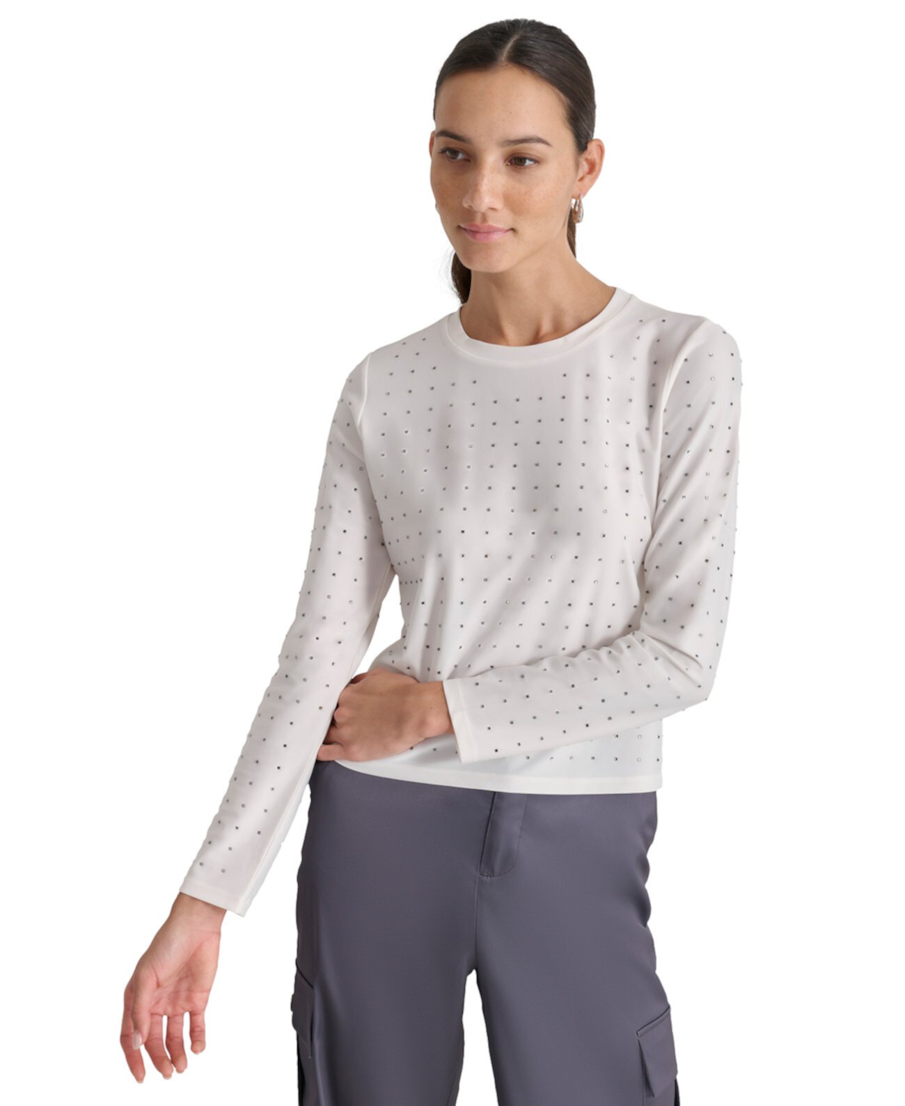 Женская Блузка DKNY Petite Studded Long-Sleeve Crewneck Top DKNY