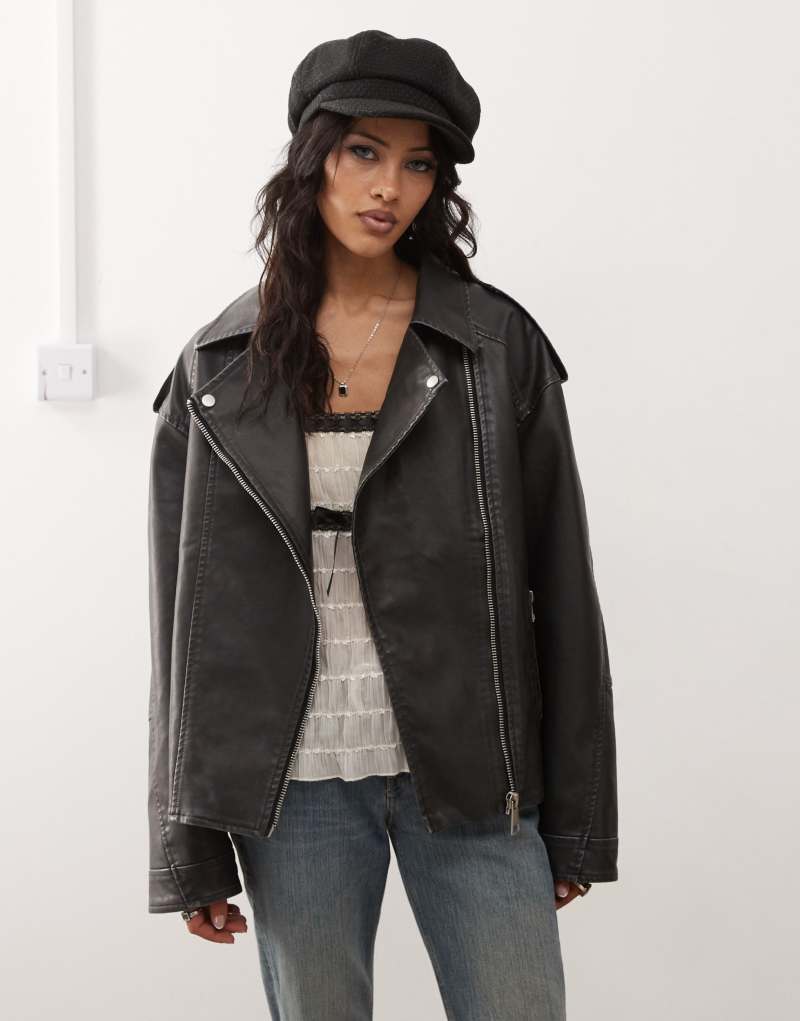 Motel zebbie distressed faux leather biker jacket in black Motel