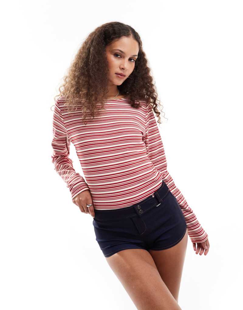 Motel haruka long sleeve striped fitted top in red and white Motel