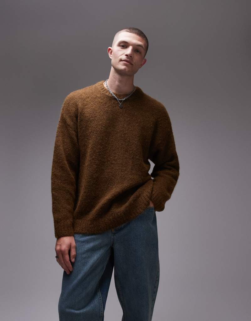 Вязаный коричневый свитер Topman с расслабленным кроем и длинными рукавами Topman