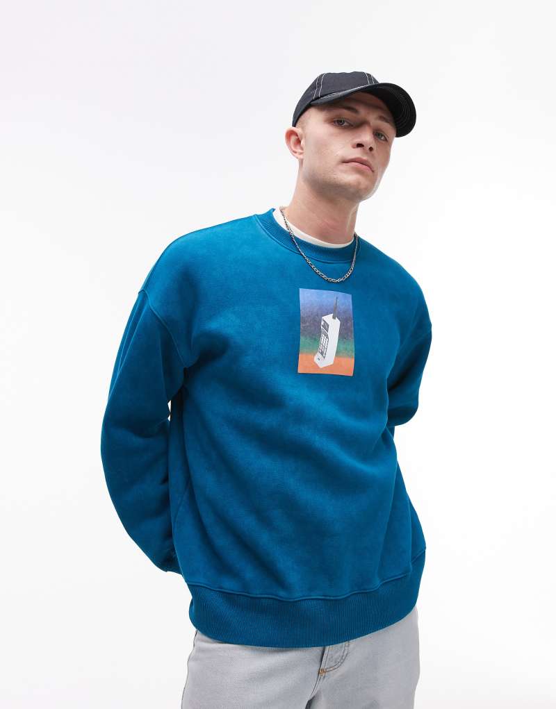 Мужская Толстовка Topman Oversized с Принтом Мобильного Телефона в Умытом Зеленом TOPMAN