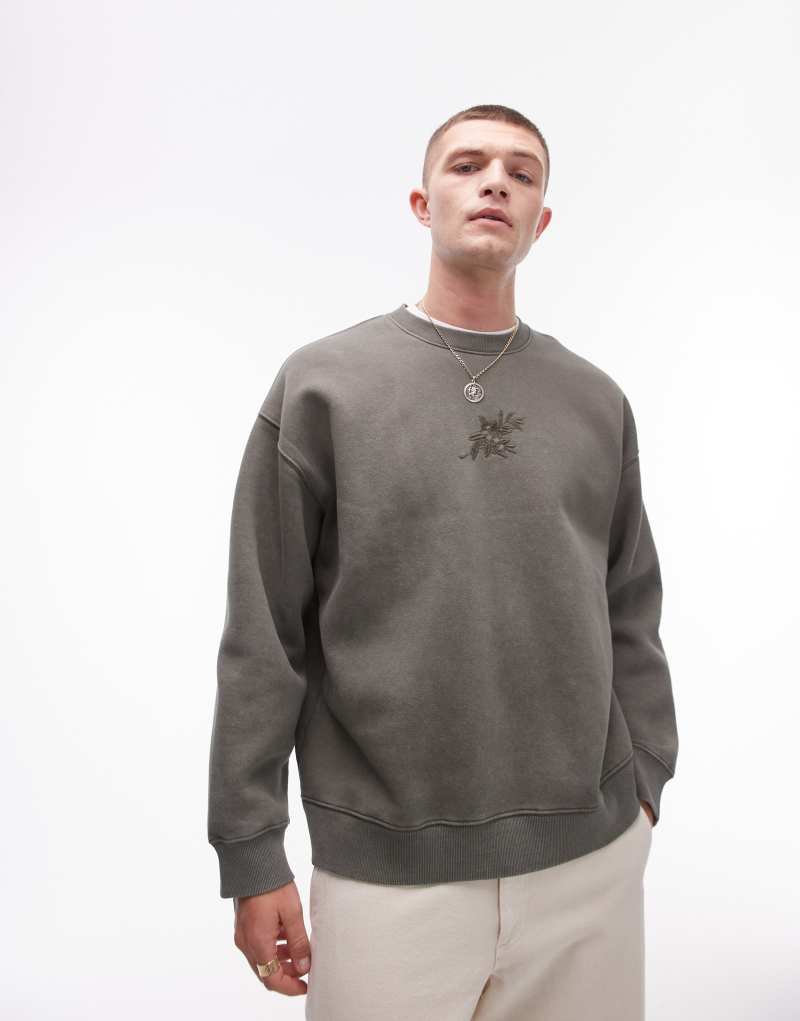 Мужская Толстовка Topman oversize с цветочной вышивкой в выстиранном хаки TOPMAN