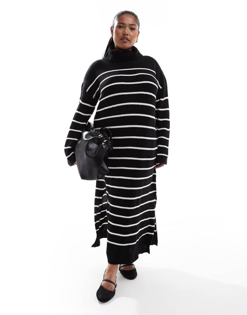 Vila Curve high neck knit maxi dress in black and white stripe Vila