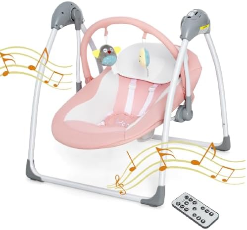 INFANS Baby Swing for Infants, Compact Portable Baby Electric Rocker for Newborn with 5 Speed Natural Sway Music Timing 2 Toys Remote Control, Easy Fold, 0-6 Months Boy Girl Infans