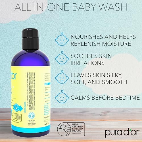 PURA D'OR 16 Oz All-in-One Calming Baby Wash & Shampoo For Hair & Entire Body, Tear Free, Sulfate Free, Natural Aloe Vera, USDA Biobased Gentle Formula PURA D'OR