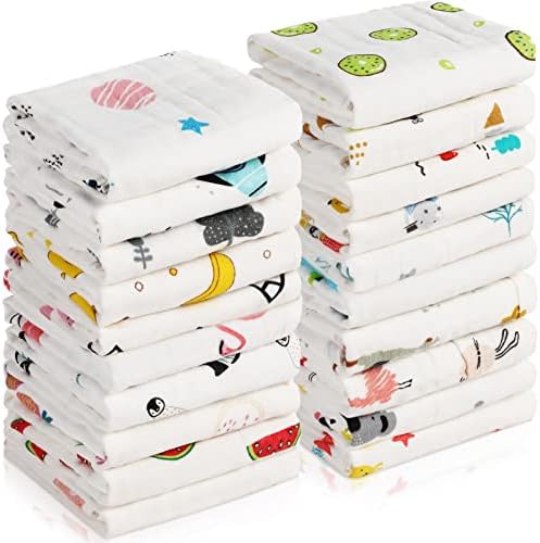 20 Pack Muslin Baby Burp Cloths Large 20 x 10 Inches Cotton Baby Burp Rags Baby Towel and Washcloths Face Towels 6 Layers Super Absorbent for Baby Infant Shower,20 Styles Chumia