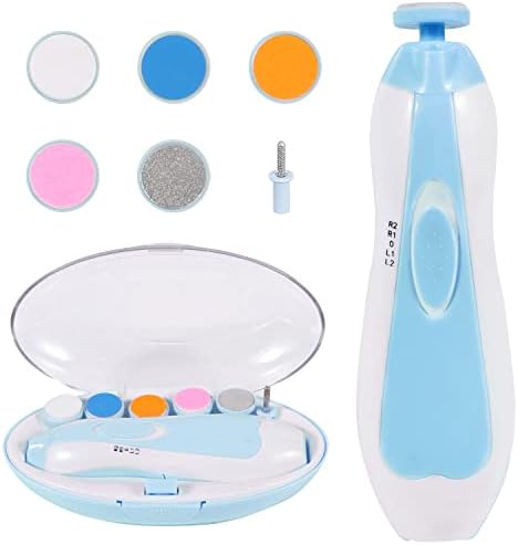 Baby Nail Trimmer Electric, Low Noise Newborn Safe Nail Clipper Kit with Light and Replaceable 6 Grinding Heads, Hand-Holding Care Polish and Trim for Infant Toddler Adults Toes Fingernails, Blue SCAIKTIG