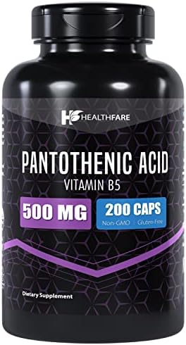 Pantothenic Acid (Vitamin B5) 500mg | 200 Capsules (Капсулы) | Supports Energy Levels, Skin & Hair Health | Non-GMO | Made in The USA Healthfare