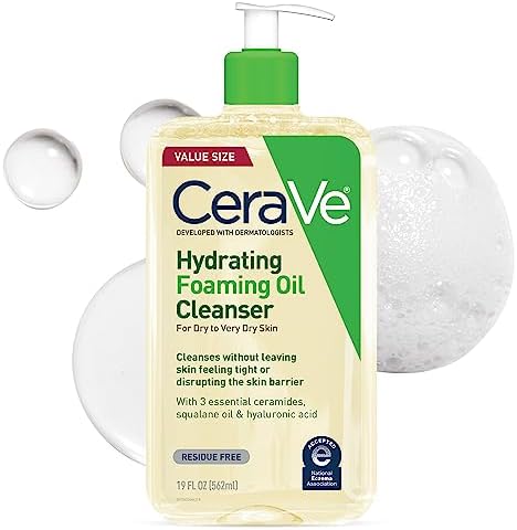 CeraVe Hydrating Foaming Oil Cleanser, Moisturizing Cleanser for Face & Body, Squalane Oil + Hyaluronic Acid + Ceramides, For Dry to Very Dry Skin, Fragrance Free & Residue Free, 8 FL Oz CeraVe