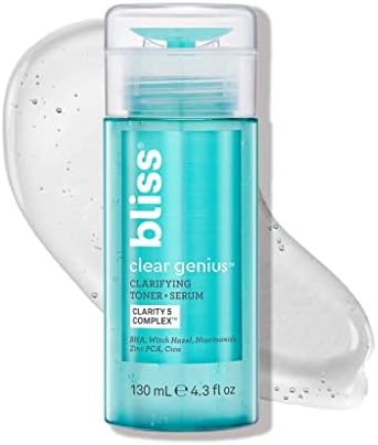 Bliss Clear Genius Clarifying Toner + Serum - 4.3 Fl Oz - Purifies Pores, Tones, Calms & Clears Skin - Salicylic Acid, Niacinamide & Witch Hazel - Clean Paraben Free - Vegan & Cruelty-Free Bliss